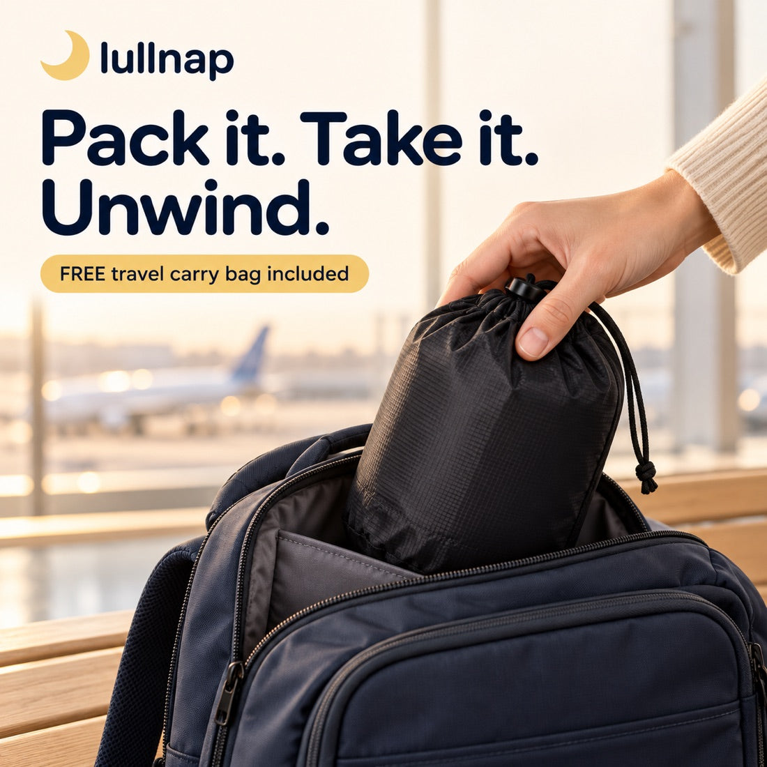 Lullnap packed in its drawstring pouch going into a backpack